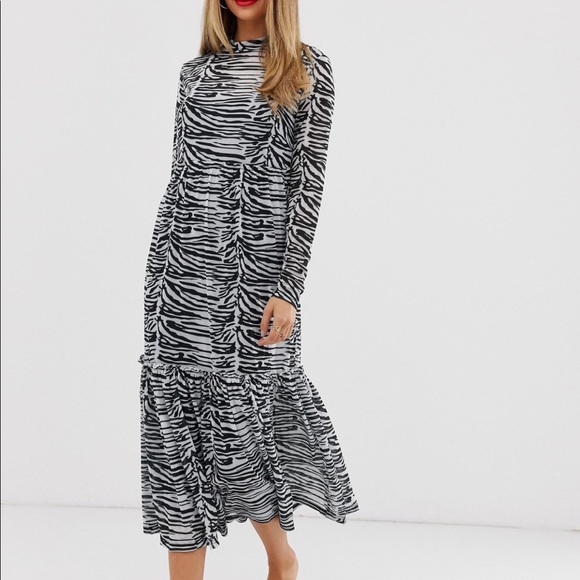 ASOS Vila Zebra Mesh Flowy Midi Dress W Slip NWT - Picture 1 of 3